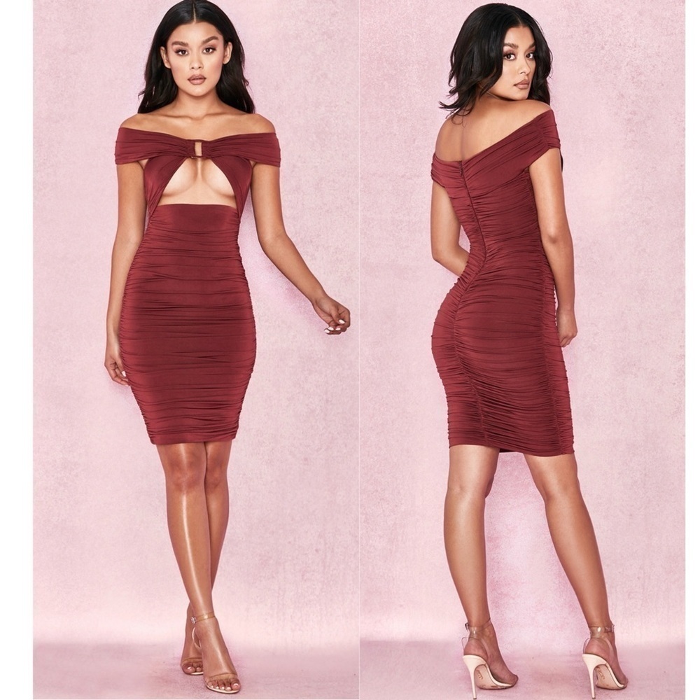 House of CB London Tiggy Wine Off Shoulder Ruched Front Bardot Dress